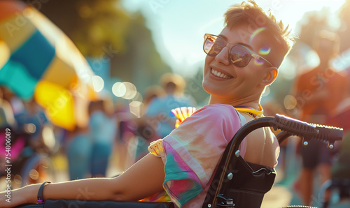 Happy disabled lesbian female in a wheelchair smiling and celebrating gay pride festival in the summer. AI generated