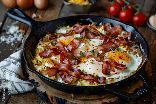a savory breakfast skillet with crispy bacon, scrambled eggs, hash browns, and melted cheese, served in a cast-iron skillet 