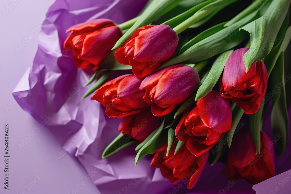 Vibrant Red Tulips on Purple Paper Background with Copy Space Vibrant Red Tulips on Purple Paper Background with Copy Space