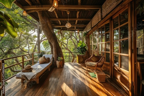 Serene Treehouse Oasis: Deck for Rejuvenating Yoga Amidst Nature © AIGen