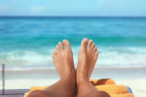 Vacation holidays. Woman feet closeup of girl relaxing on beach on sunbed enjoying sun on sunny summer day. generative ai.