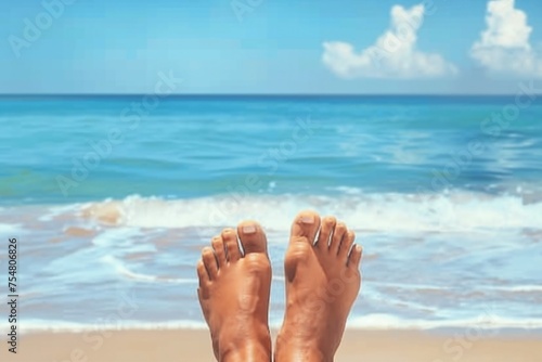 Vacation holidays. Woman feet closeup of girl relaxing on beach on sunbed enjoying sun on sunny summer day. generative ai. © SEUNGJIN
