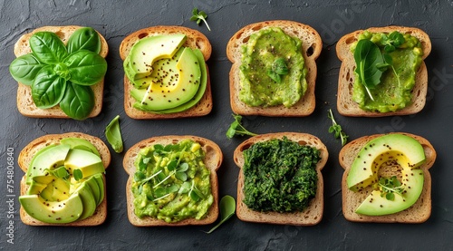 Set of various vegetarian avocado sandwiches photo