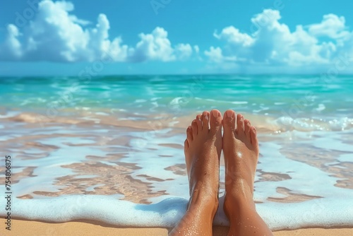 Vacation holidays. Woman feet closeup of girl relaxing on beach on sunbed enjoying sun on sunny summer day. generative ai.