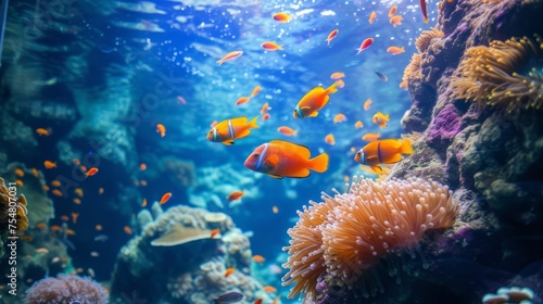 A group of fish swimming with a coral reef in the background