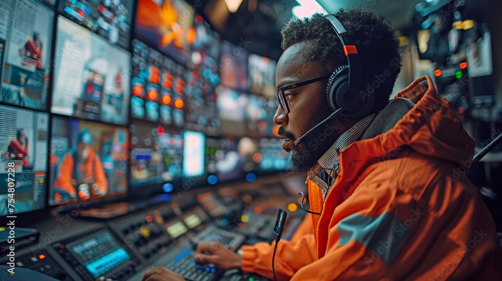 Working in a control room is a TV operator. Working in a control room is a TV operator.