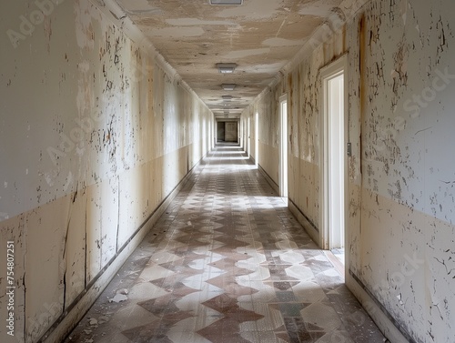 A long corridor in an old hospital building with shabby walls