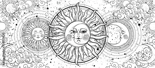 Mythical universe coloring book, solar and lunar eclipse, peace of mind concept, magic astrology banner, tarot background. Crescent and sun with a face on a white background with stars. Vector  © Tanya