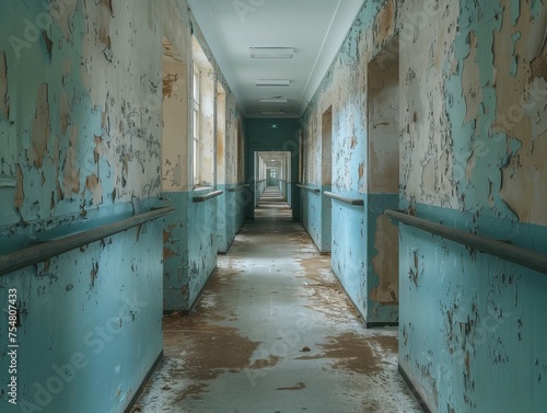 A long corridor in an old hospital building with shabby blue walls © Anna Baranova