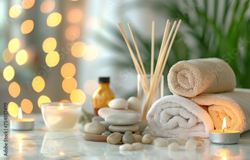 spa composition. A white marble table with towels, stones, a reed air freshener, and burning candles is surrounded by hazy lights.