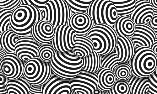 Optical illusion background with striped spheres. Balls with black and white lines. Vector illustration.
