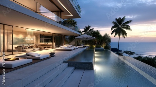 A modern house design on a hill overlooking the ocean. © PhornpimonNutiprapun