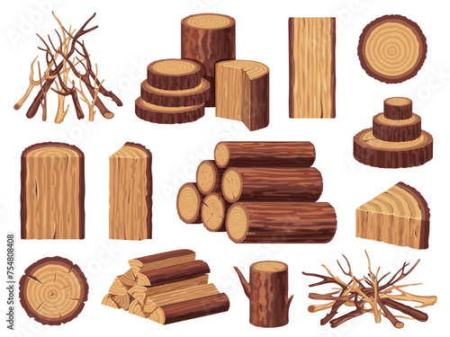 Cartoon firewood. Pile of cut wooden logs, firewood bundle for campfire or fireplace, tree trunk and branches. Vector isolated set © Tartila