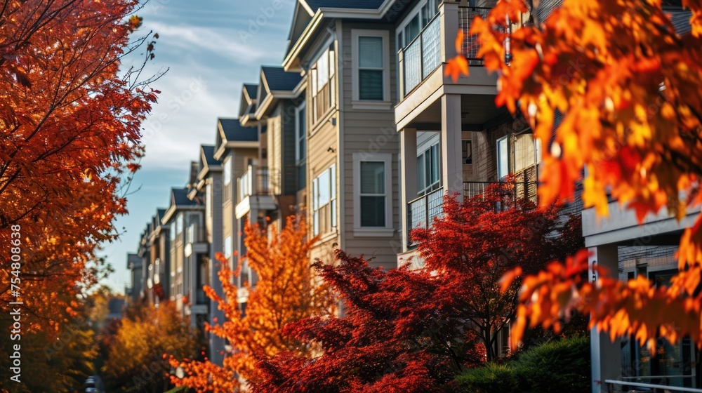 Vibrant Autumn Foliage Surrounding Apartment Building Creates Stunning Landscape - obrazy, fototapety, plakaty 