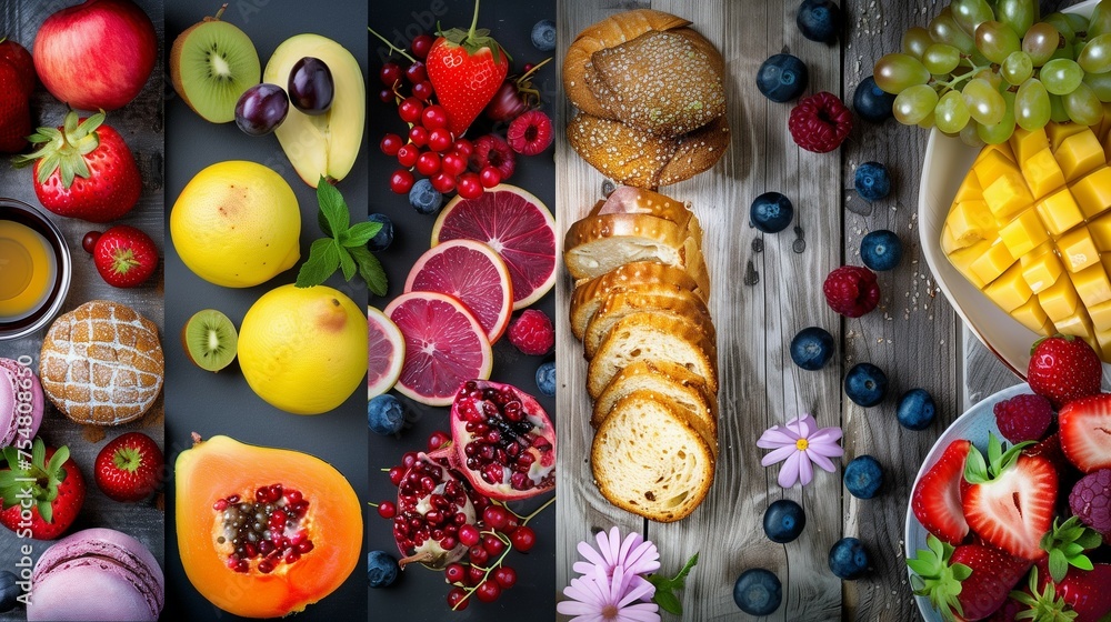 A close-up collage of various fruits and sliced bread on a light colored wooden table.