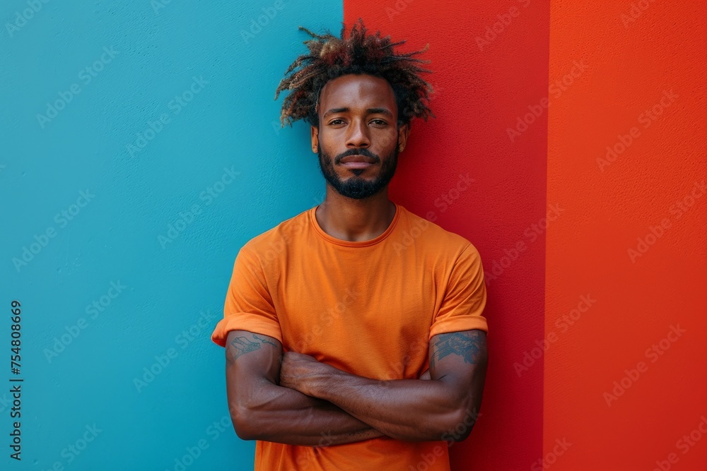 Man With Dreadlocks Standing in Front of Colorful Wall. Generative AI Man With Dreadlocks Standing in Front of Colorful Wall. Generative AI