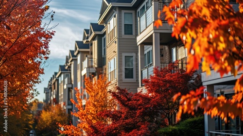 Vibrant Autumn Foliage Surrounding Apartment Building Creates Stunning Landscape photo