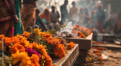 Traditional Hindu Funeral Ceremony by the Ganges River in Varanasi, India
