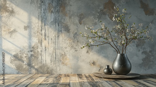 Urban Elegance: Empty Room Interior with Stucco Wall, Wooden Floor, and Coffee Table Adorned with Vase and Flower Branch