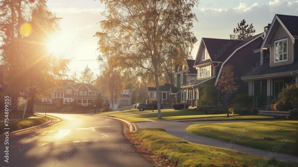 A Houses In A Suburban Neighborhood At Sunset.  