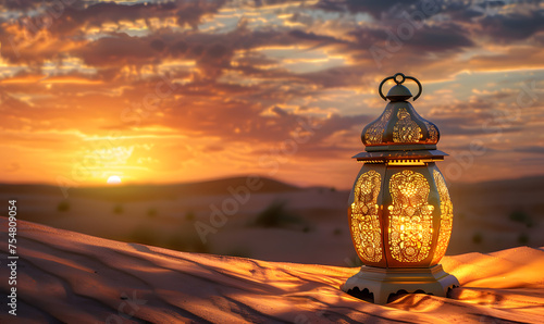 Illuminated golden oriental lantern lying on the sand in the desert dunes at sunset ,Generative AI