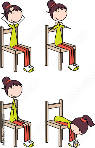Cartoon vector illustration of a girl exercising - touching head, shoulders, knees and toes sitting on a chair