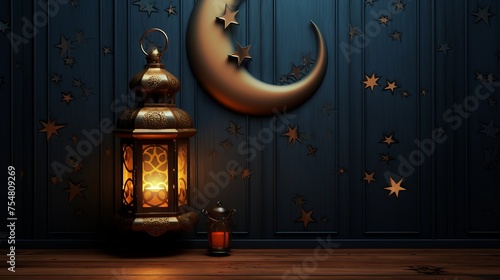 This 3D wallpaper designed for Ramadan and Eid al-Fitr features a lantern against a wall with a moon motif.