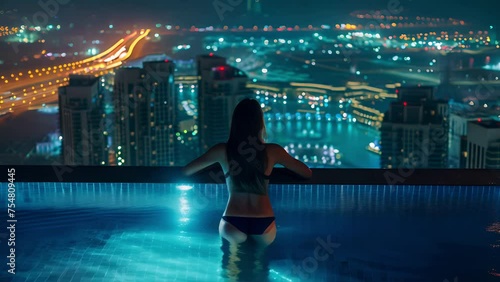 Woman in a thong bikini from behind standing in a swimming pool on a rooftop in Dubai at night photo