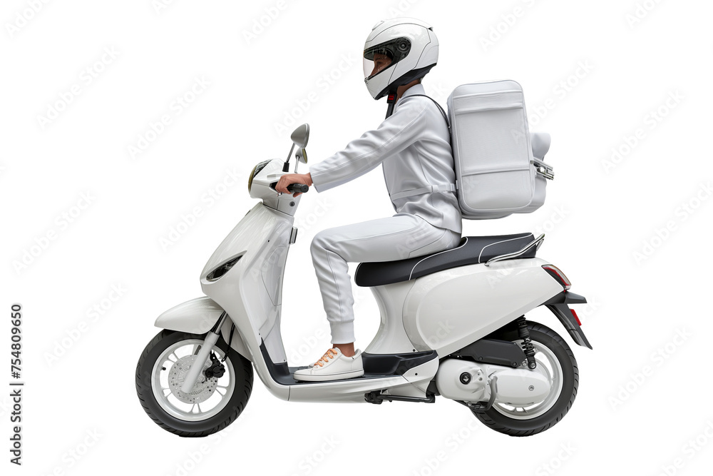 Courier in uniform riding a white scooter with fast delivery isolated on a transparent background. Restaurant food and postal package delivery services Courier in uniform riding a white scooter with fast delivery isolated on a transparent background. Restaurant food and postal package delivery services