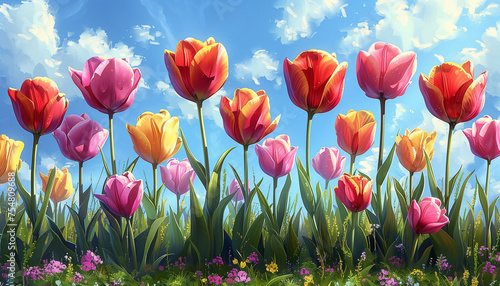 idyllic tulip field background  serene landscape of colorful tulips stretching to the horizon  offering a tranquil and picturesque setting for various design projects