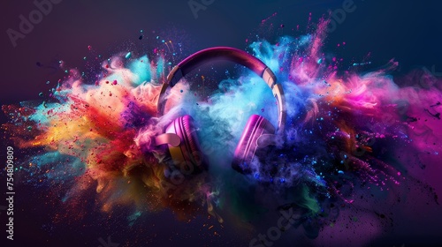 Headphones exploding in festive colorful splash  dust and smoke with vibrant light effects