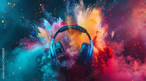 Headphones exploding in festive colorful splash, dust and smoke with vibrant light effects