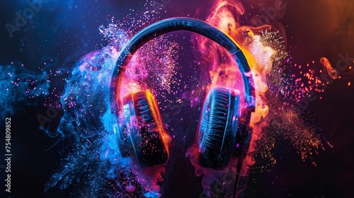 Headphones exploding in festive colorful splash, dust and smoke with vibrant light effects