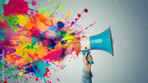 A Person Holding Megaphone And Colorful Splashes Out Of It. The Power Of Words In Marketing Promotion Concept.