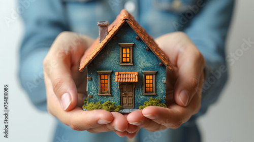 Concept of Home: Hands Gently Holding a Miniature House Model