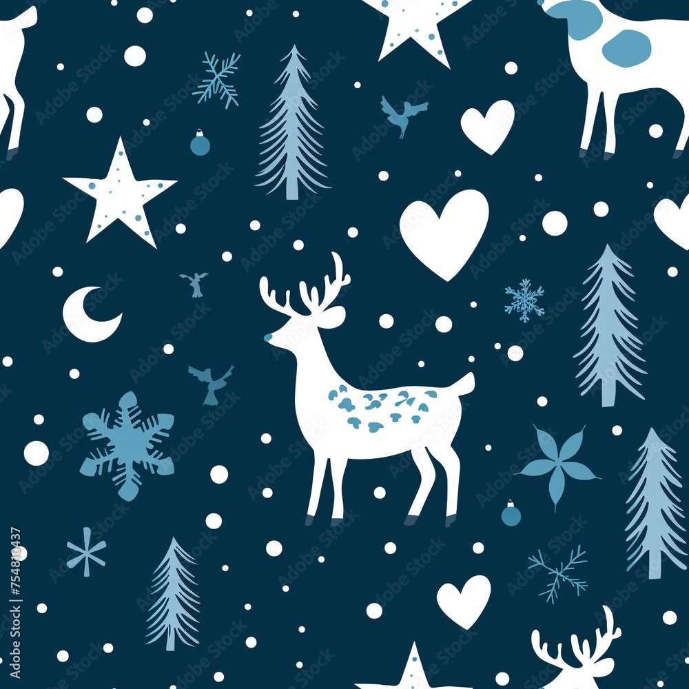 Seamless pattern featuring reindeer, snowflakes, and trees on a dark blue background, perfect for winter-themed designs.