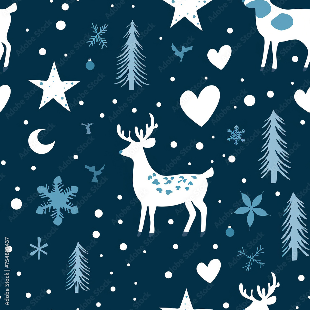 Seamless pattern featuring reindeer, snowflakes, and trees on a dark blue background, perfect for winter-themed designs. Seamless pattern featuring reindeer, snowflakes, and trees on a dark blue background, perfect for winter-themed designs.