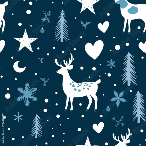 Seamless pattern featuring reindeer, snowflakes, and trees on a dark blue background, perfect for winter-themed designs.