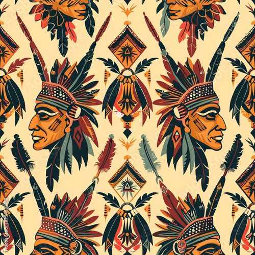 Seamless pattern of Native American chiefs and traditional motifs.