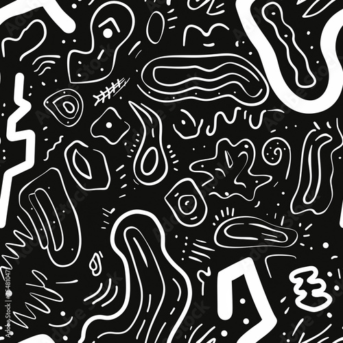 Seamless pattern of Monochrome abstract doodle with various shapes and lines, depicting a playful and creative design.