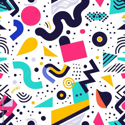 Seamless pattern of vibrant abstract background featuring a mix of geometric shapes and playful patterns in a multicolor scheme.