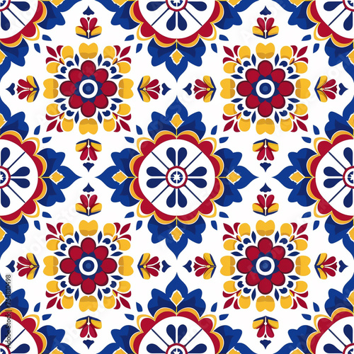 Vibrant and symmetrical floral pattern with a geometric design, using blue, red, and yellow colors.