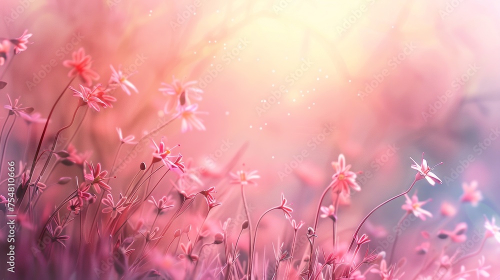 Delicate wildflowers bask in the soft glow of a dreamy sunset, creating an enchanting bokeh background.