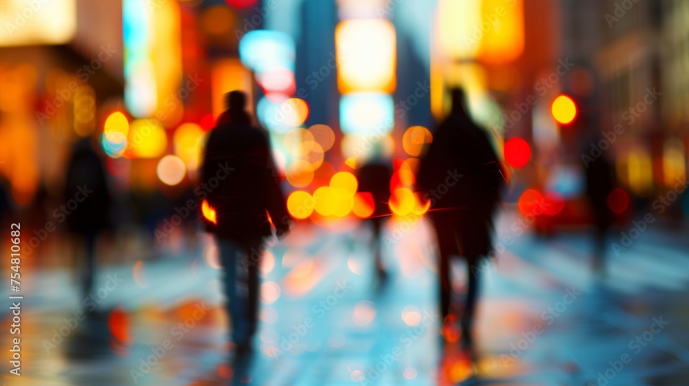 Silhouetted pedestrians walking at night with vibrant city lights creating a colorful, abstract background.