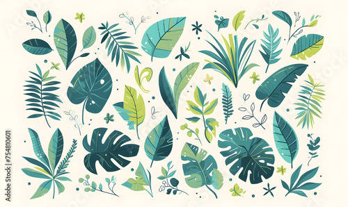 tropical floral illustration set with green leaves, Generative AI