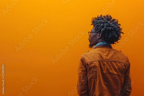 Man Standing in Front of Orange Wall. Generative AI © Lukasz Czajkowski