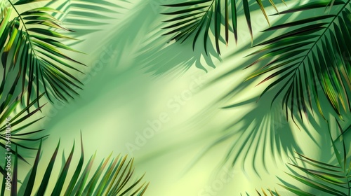 Tropical palm leaves with shadow on green background.