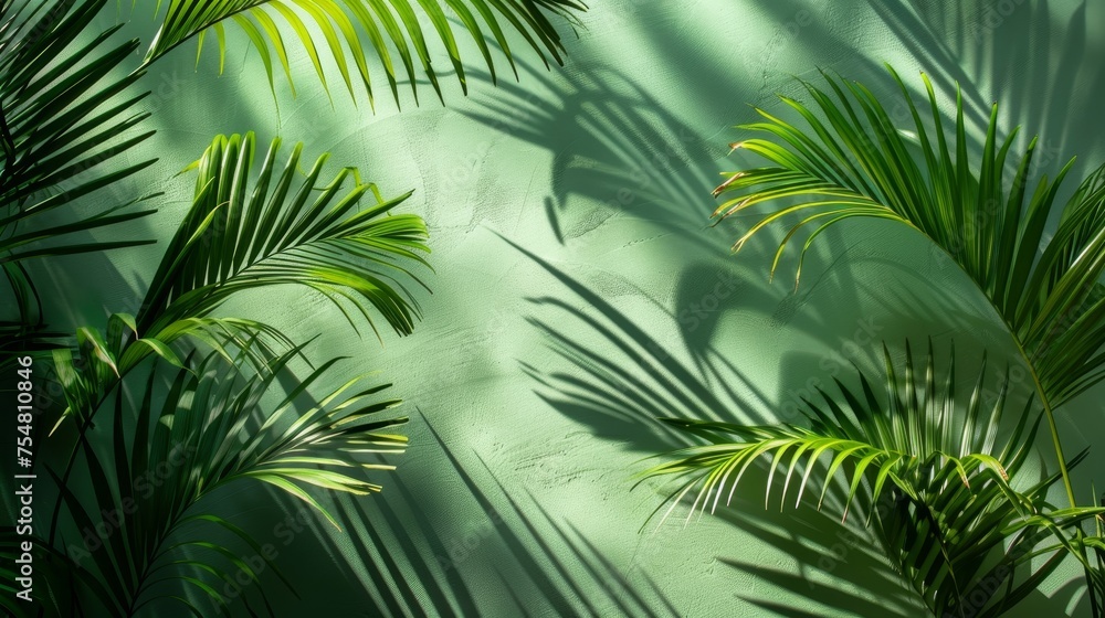 Fototapeta premium Tropical palm leaves with shadow on green background.