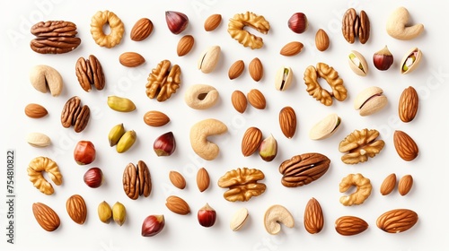 Various delicious nuts are spread out on a white background in a flat lay composition.