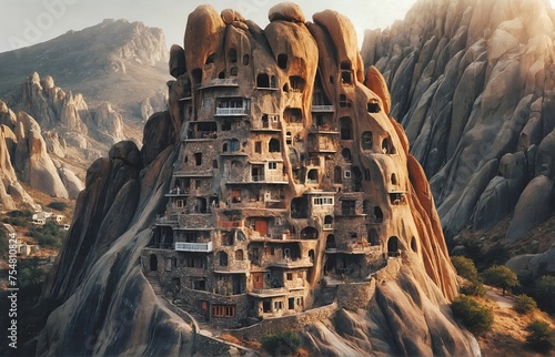a rocky mountain containing houses carved inside it